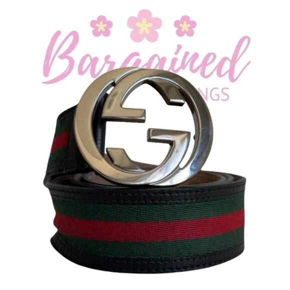 Authentic Gucci Web Green/Red Canvas Silver Interlocking G Buckle Belt 95/38